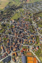 Aerial view, district Mengerinhausen in Bad Arolsen, with St-Georg-Kirche is a gothic hall church