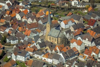 Aerial view, district Mengerinhausen in Bad Arolsen, with St-Georg-Kirche is a gothic hall church