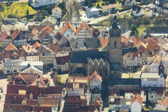 Aerial view, town centre of Wildungen with Protestant church on the town hill, in Bad Wildungen in