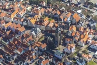 Aerial view, town centre of Wildungen with Protestant church on the town hill, in Bad Wildungen in