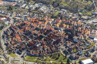 Aerial view, town centre of Wildungen with Protestant church on the town hill, in Bad Wildungen in