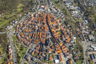 Aerial view, town centre of Wildungen with Protestant church on the town hill, in Bad Wildungen in