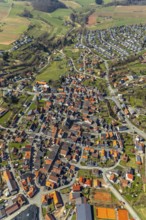 Aerial view, district Mengerinhausen in Bad Arolsen, with St-Georg-Kirche is a gothic hall church