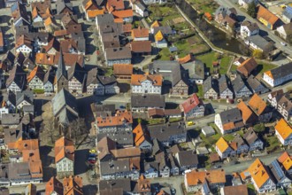 Aerial view, district Mengerinhausen in Bad Arolsen, with St-Georg-Kirche is a gothic hall church