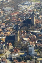 Aerial view, Sparkasse Korbach, Nikolaikirche and Kilianskirche in Korbach. district town Korbach,