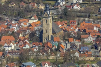 Aerial view, parish church St Kilian in Korbach.Kilianskirche, district town Korbach, district