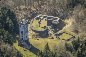 Aerial view, Burg Eisenberg is the ruin of a hilltop castle near Goldhausen in Korbach,