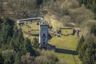 Aerial view, Burg Eisenberg is the ruin of a hilltop castle near Goldhausen in Korbach,