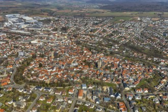 Aerial view, view of the hostoric city centre with St Kilianskirche and St Nikolai church in
