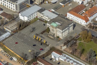 Aerial view, railway station forecourt, Am central railway station in Korbach. District town