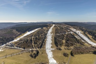 Aerial view, Ettelsberg with snow remains on the slopes in Willingen in Hesse. Willingen (Upland),