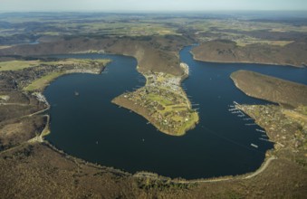 Aerial view, peninsula Scheid with Edersee, Eder, in Waldeck in Hesse. Waldeck, Burg Waldeck an der