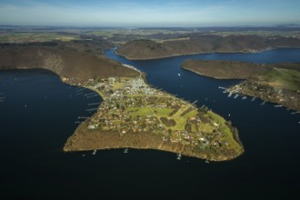 Aerial view, peninsula Scheid with Edersee, Eder, in Waldeck in Hesse. Waldeck, Burg Waldeck an der
