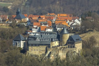 Aerial view, Waldeck with the castle-like castle Waldeck in Waldeck in Hesse. Waldeck, Waldeck