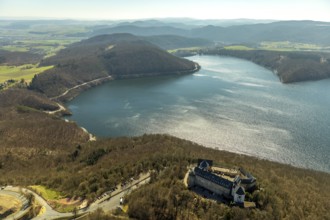 Aerial view, Waldeck with the castle-like castle complex Schloss Waldeck in Waldeck with the