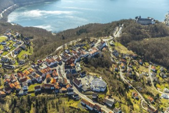 Aerial view, Waldeck with the castle-like castle complex Schloss Waldeck in Waldeck with the