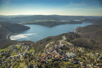 Aerial view, Waldeck with the castle-like castle complex Schloss Waldeck in Waldeck with the