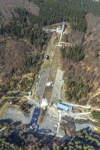 Aerial view, Mühlenkopfschanze in spring with snow remains in Willingen in Hesse. Willingen