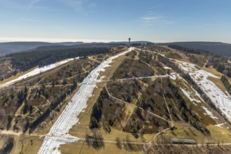 Aerial view, Ettelsberg with snow remains on the slopes in Willingen in Hesse. Willingen (Upland),