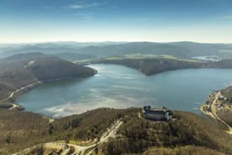 Aerial view, Waldeck with the castle-like castle complex Schloss Waldeck in Waldeck with the