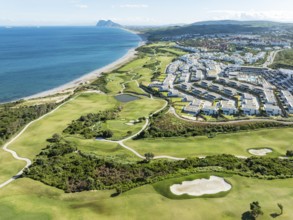 The La Hacienda Links Golf Resort at the Mediterranean Sea with the Rock of Gibraltar (British) in