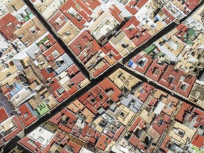 Streets and rooftops in the town of Cádiz. Aerial view. Drone shot. Cádiz province, Andalusia,
