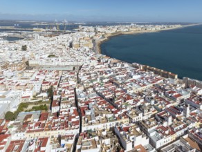 The town of Cádiz with the old quarter in the foreground. Aerial view. Drone shot. Cádiz province,