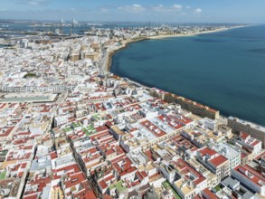 The town of Cádiz with the old quarter in the foreground. Aerial view. Drone shot. Cádiz province,
