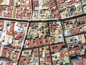 Streets and rooftops in the town of Cádiz. Aerial view. Drone shot. Cádiz province, Andalusia,