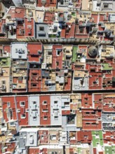 Streets and rooftops in the town of Cádiz. Aerial view. Drone shot. Cádiz province, Andalusia,