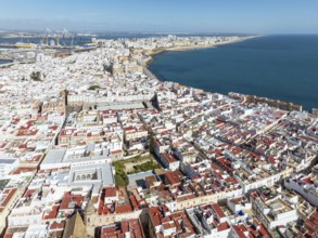 The town of Cádiz with the old quarter in the foreground. Aerial view. Drone shot. Cádiz province,