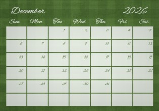 Printable Wall Calendar, December 2026 on Football Field