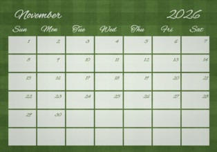 Printable Wall Calendar, November 2026 on Football Field