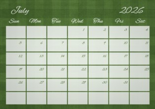 Printable Wall Calendar, July 2026 on Football Field