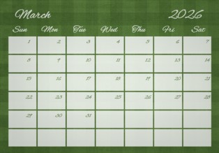 Printable Wall Calendar, March 2026 on Football Field