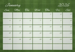 Printable Wall Calendar, January 2026 on Football Field