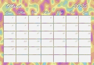 Printable Wall Calendar, March 2026 Colorful