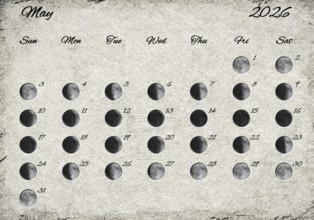 Moon Phases Calendar. May 2026 Old Paper