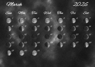 Moon Phases Calendar, March 2026 Space Background