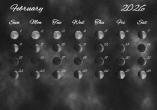 Moon Phases Calendar, February 2026 Space Background