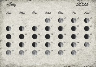 Moon Phases Calendar. July 2026 Old Paper