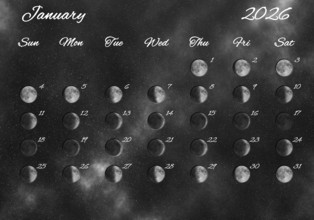Moon Phases Calendar, January 2026 Space Background