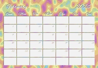 Printable Wall Calendar, February 2026 Colorful