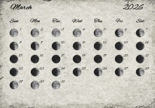Moon Phases Calendar. March 2026 Old Paper
