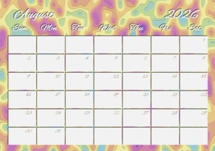 Printable Wall Calendar, August 2026 Colorful