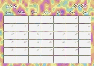 Printable Wall Calendar, July 2026 Colorful