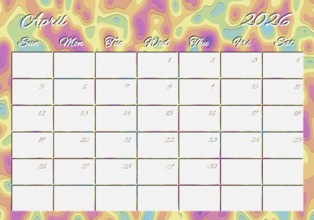 Printable Wall Calendar, April 2026 Colorful
