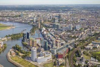 Aerial view, Media Harbour at the river Rhine, Rhine Tower and Rheinknie Bridge, in front