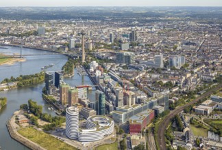 Aerial view, Media Harbour at the river Rhine, Rhine Tower and Rheinknie Bridge, in front