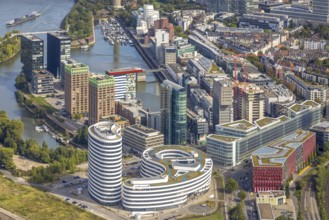 Aerial view, Media harbour on the river Rhine, construction site with construction crane and new